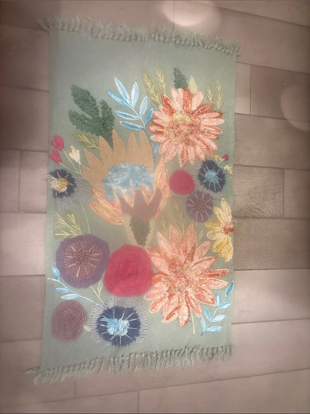 Magaschoni Sage Green Floral Embroidered Bath Mat with Coral and Blue Accents